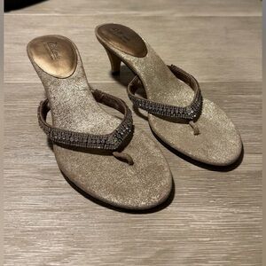 Pelle Moda Gold Rhinestone Thong Heeled Sandals